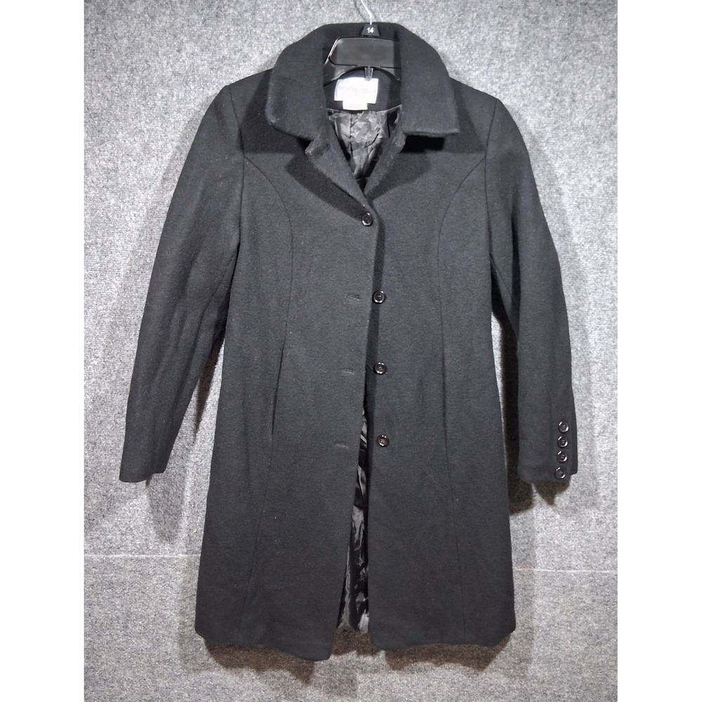 Worthington Womens Black Wool Blend‎ Button Front Mid-Length Coat Small 050923
